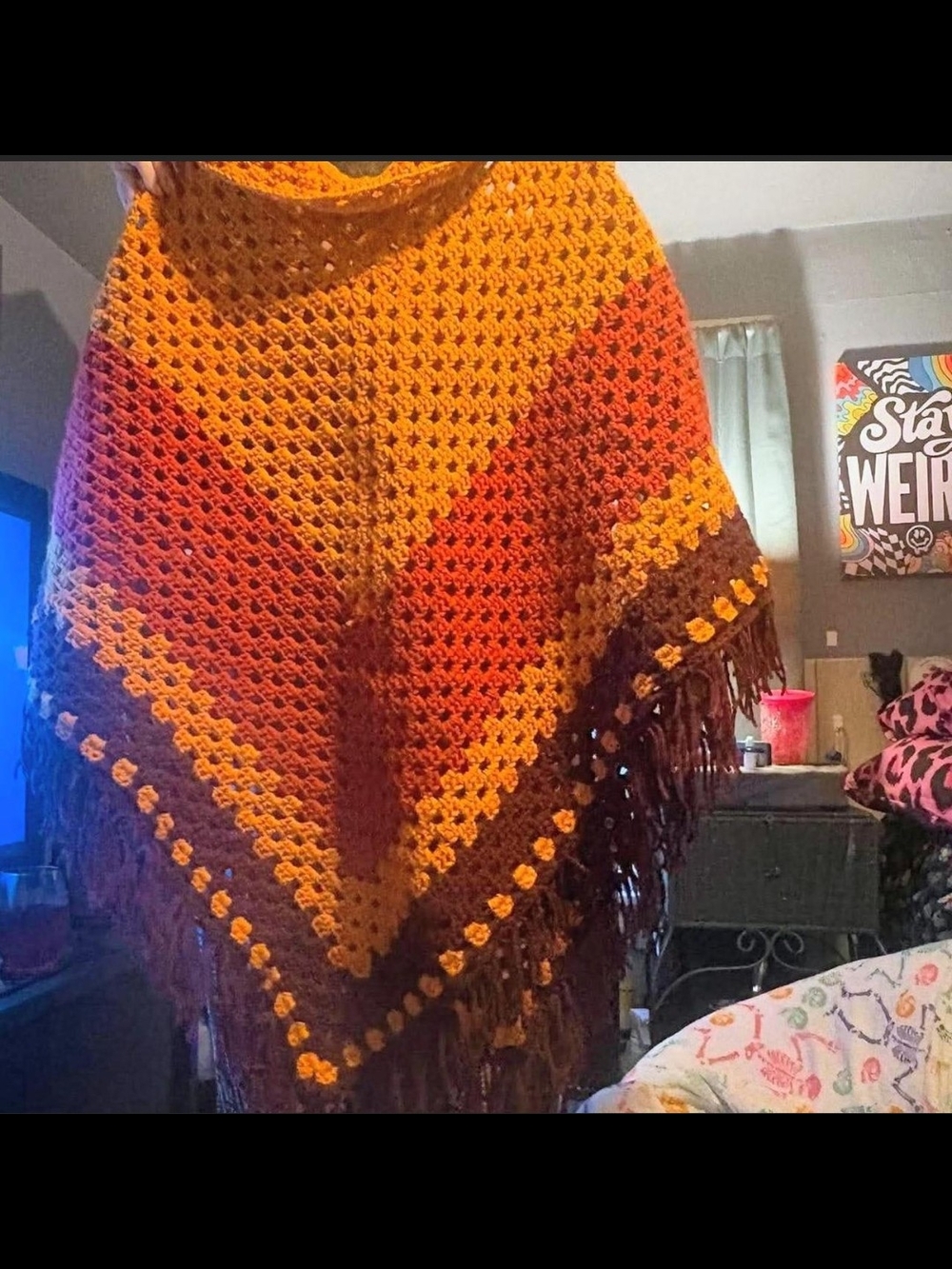 Handmade Multicolor Crochet Poncho Wrap - Golden Yellow, Orange & Brown